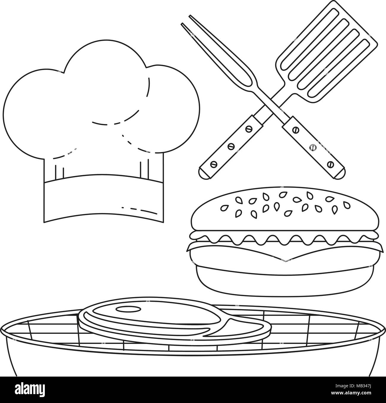 Line Art schwarz und weiß Burger Kochen. Essen themed Vector Illustration für Geschenkkarte Zertifikat, Aufkleber, Abzeichen, Zeichen, Stempel, Logo, Beschriftung, Symbole, Stock Vektor