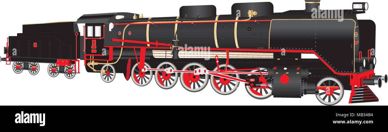Eine detaillierte Darstellung mit einem schweren roten und schwarzen 14 Rad Dampf Tender Lokomotive mit Messing und Kupfer Armaturen isoliert auf weißem Stock Vektor