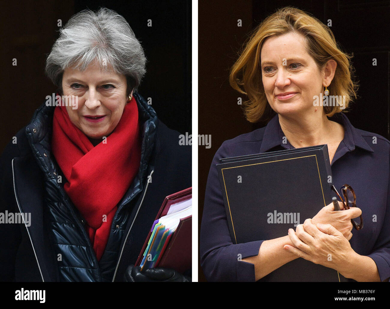 Undatierte Datei zusammengesetztes Foto von Premierministerin Theresa May (links) und Innenminister Amber Rudd, die abwesend waren, während Gewaltverbrechen im ganzen Land ansetzen, behaupten Abgeordnete, inmitten von Aufforderungen zu Maßnahmen, um London sicherer zu machen. Stockfoto
