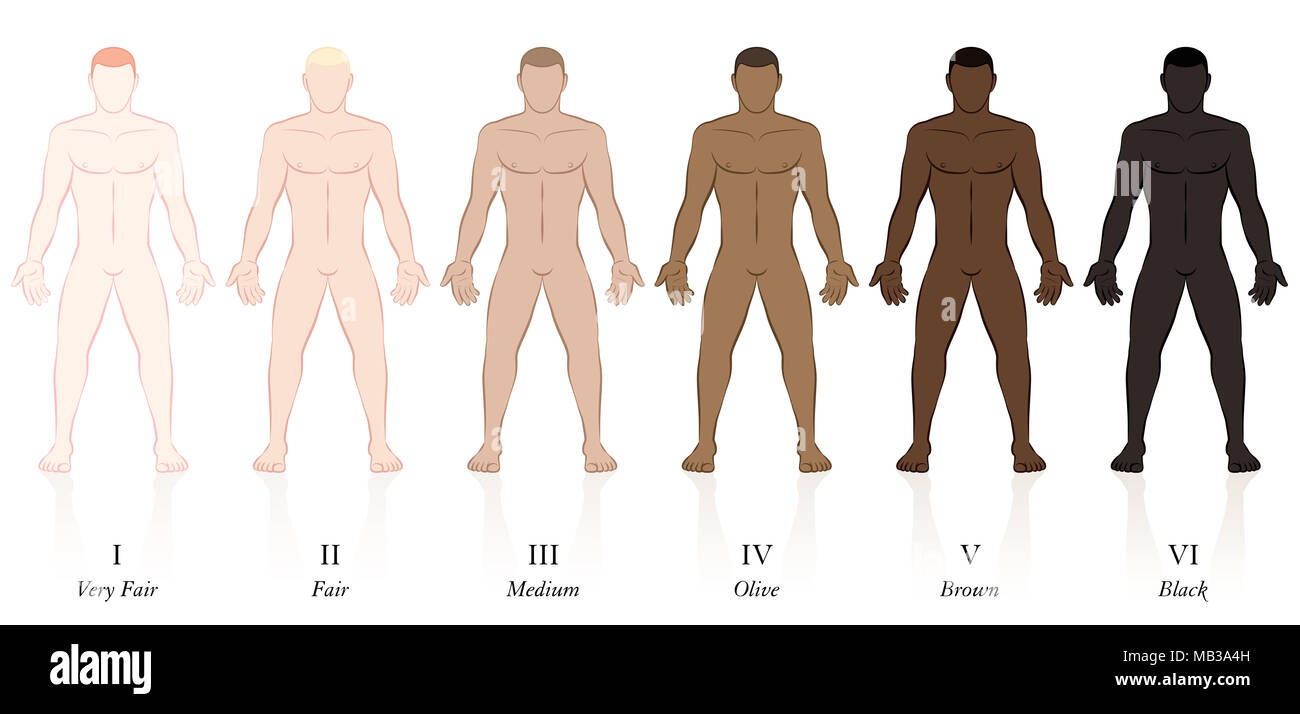 Hauttypen. Sechs Männer mit unterschiedlichen Hautfarben. Sehr fair, fair, Medium, Olive, Braun und Schwarz, der Lichtschutzfaktor zu bestimmen. Stockfoto