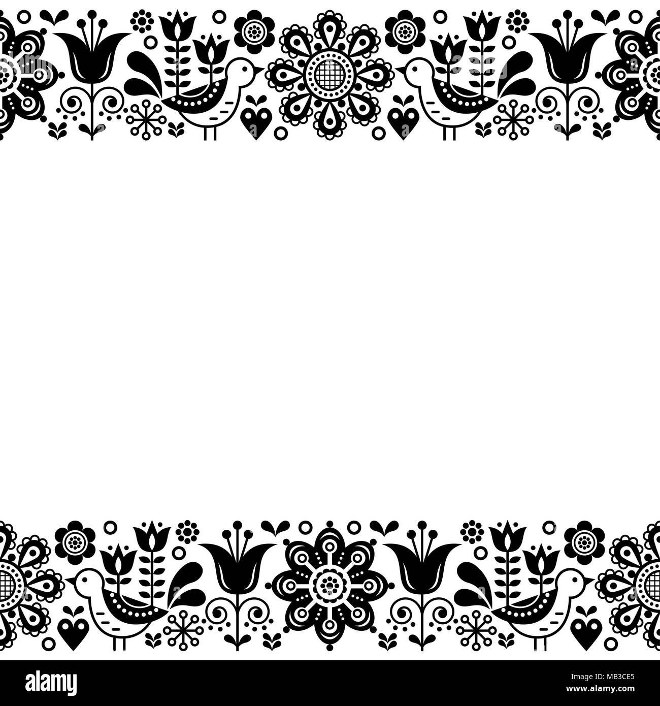Scandinavian folk art retro Vektor Grußkarte Design, floralen Ornament in Schwarz und Weiß Stock Vektor