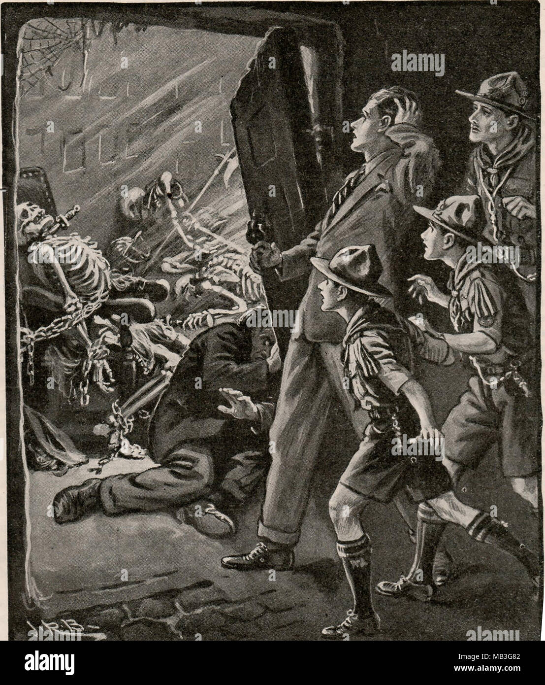 Eine Illustration von den Jungen eigenen jährlichen 1932-33 (UK), die die Pfadfinder entdecken ein Haufen von verketteten Skelette Stockfoto