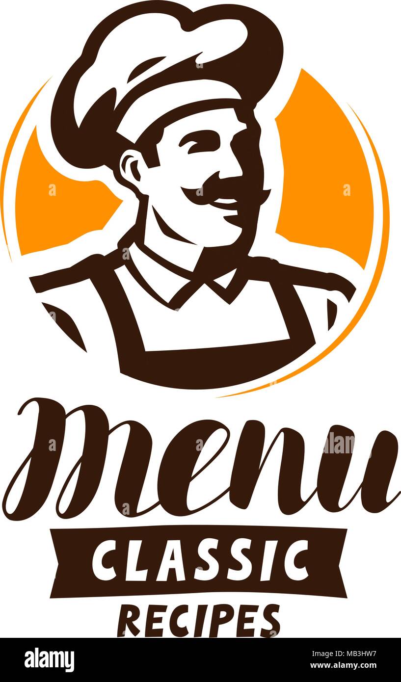 Menü im Restaurant Logo oder Label. Essen Konzept. Vector Illustration Stock Vektor