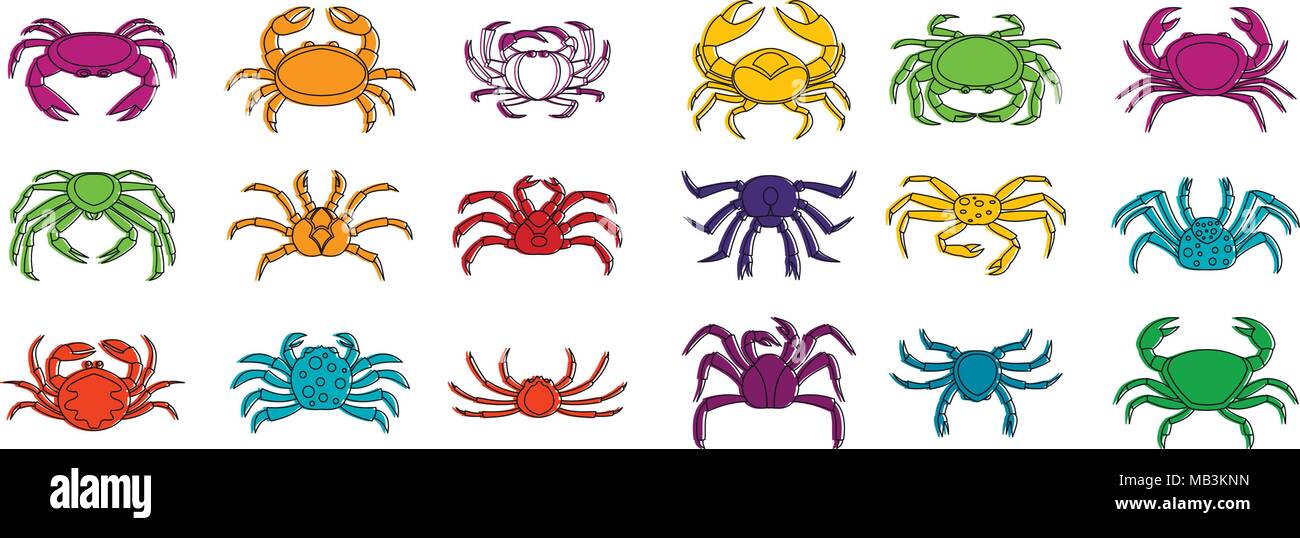 Krabbe Icon Set, Farbe Umrisse Stil Stock Vektor