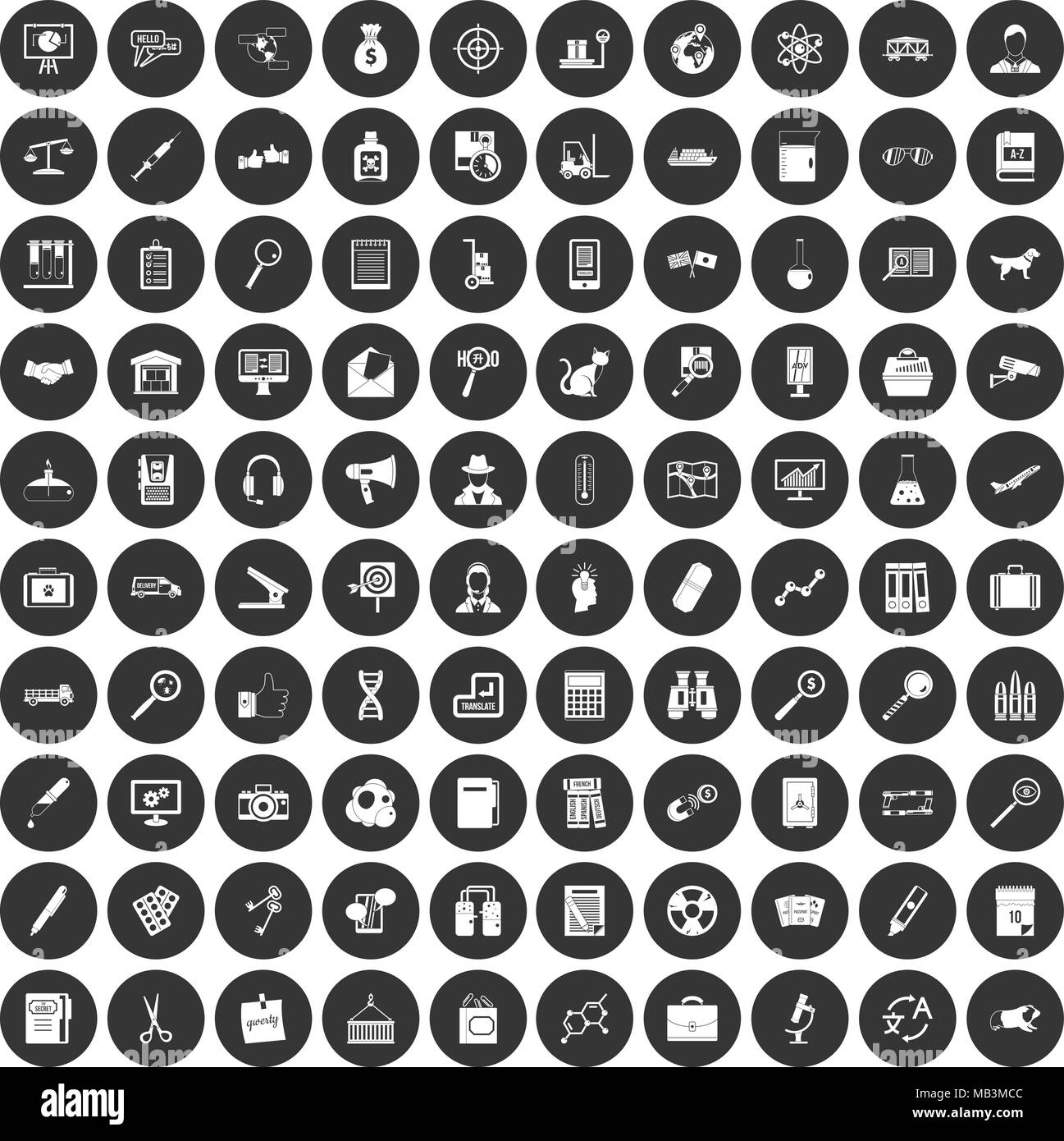 100 Lupe-icons Set schwarz Kreis Stock Vektor