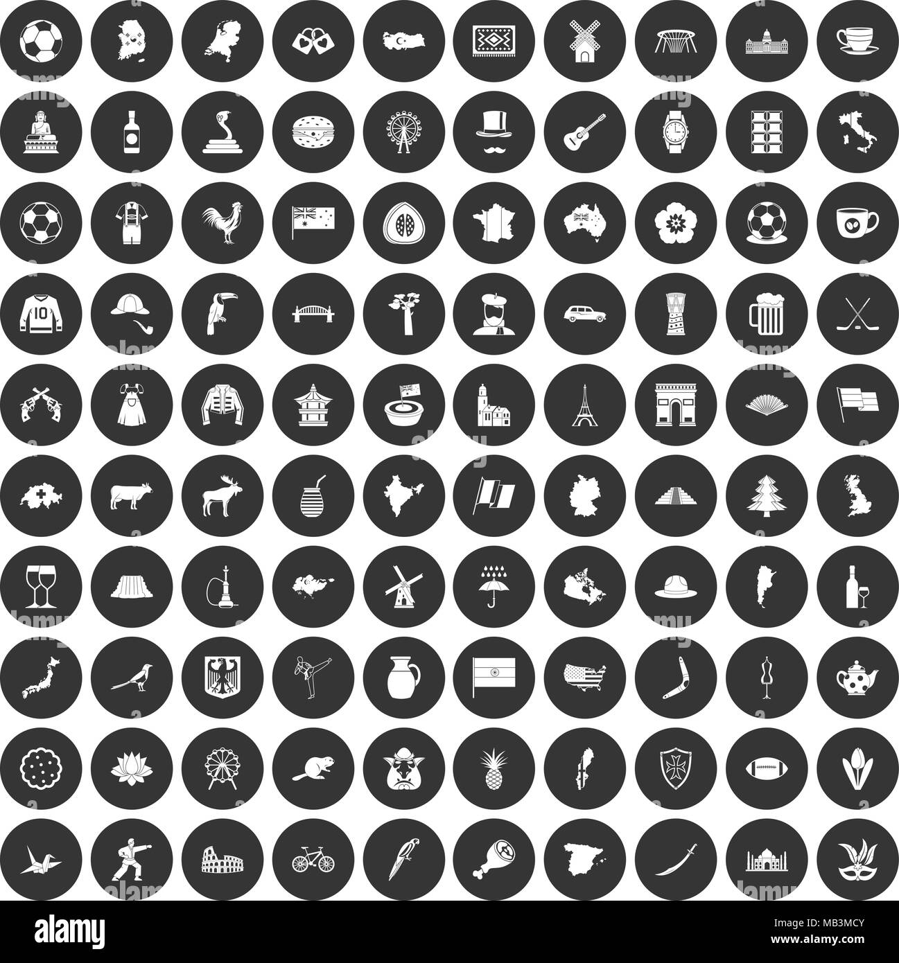 100 Map Icons Set schwarz Kreis Stock Vektor