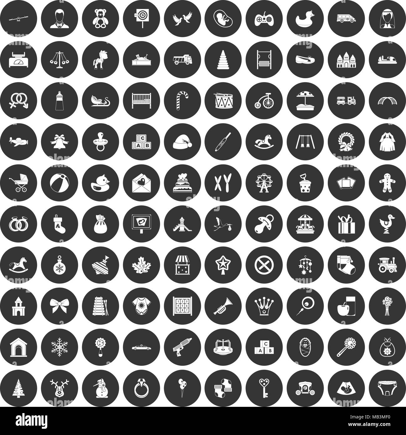 100 baby Icons Set schwarz Kreis Stock Vektor