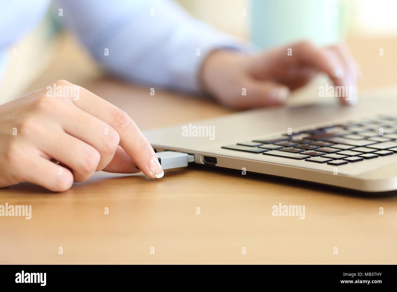 Close up of a woman hand connecting a pendrive in a laptop on a desktop Stockfoto