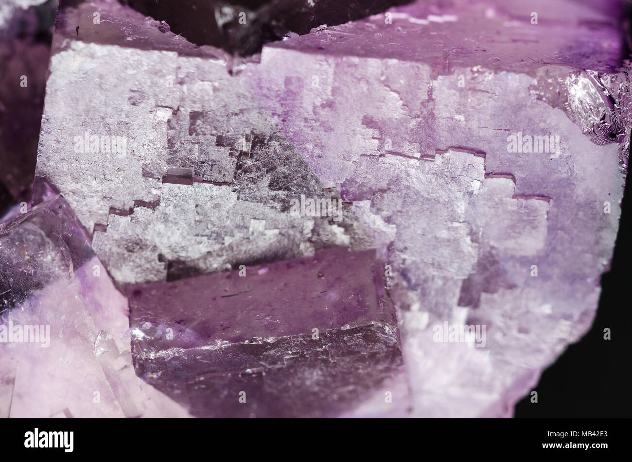 Fluorit Oberfläche Nahaufnahme. Kubische Kristalle von Flussspat, einem Mineral, Form von Calciumfluorid CaF2. Bunte Rosa und Lila Kristall Cluster. Stockfoto