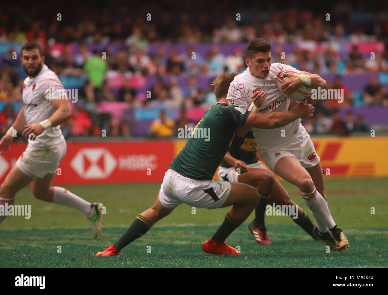 Hongkong, China. 7 Apr, 2018. England verlor das Spiel zu Südafrika im heutigen Spiel bei Hong Kong Rugby Sevens 2018 als internationale Teams Finale morgen sein wird. Apr-7, 2018 Hong Kong. ZUMA/Liau Chung Ren Credit: Liau Chung Ren/ZUMA Draht/Alamy leben Nachrichten Stockfoto