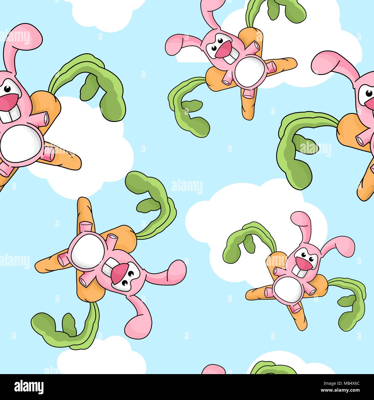 Eine nahtlose Muster mit einem Kaninchen Emblem und Karotten fliegen durch die Himmel mit Wolken. Stock Vektor