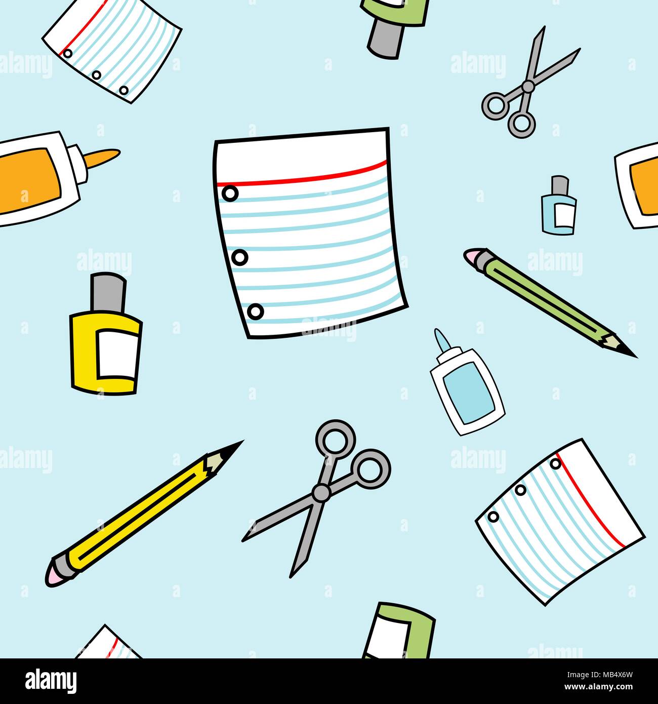 Eine nahtlose Muster von verschiedenen Schulmaterial in einem kindlichen Stil gezeichnet. Stock Vektor