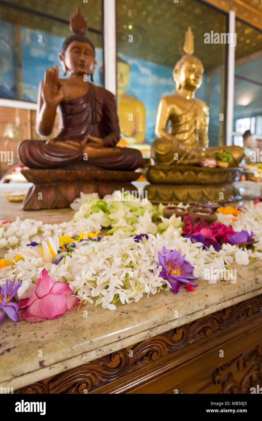 Vertikale Nahaufnahme von Blumen auf dem Altar Jaya Sri Maha Bodhi in Anuradhapura, Sri Lanka. Stockfoto