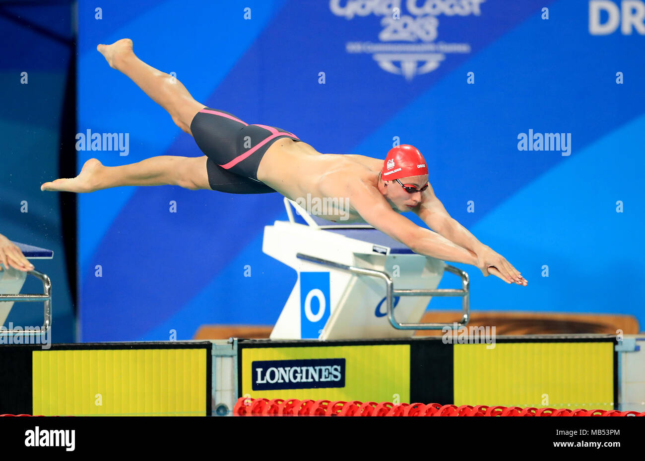 Englands David Cumberlidge konkurriert in der Männer 100 m Freistil Halbfinale 2 an der Gold Coast Aquatic Center bei Tag drei der Commonwealth Games 2018 in der Gold Coast, Australien. Stockfoto