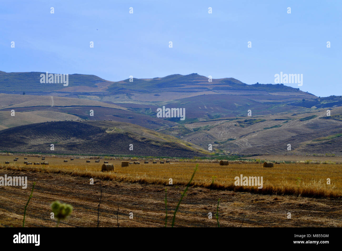 Sizilianischen Landschaft nach der Ernte mit Heuballen, Hintergrund, Italien Stockfoto