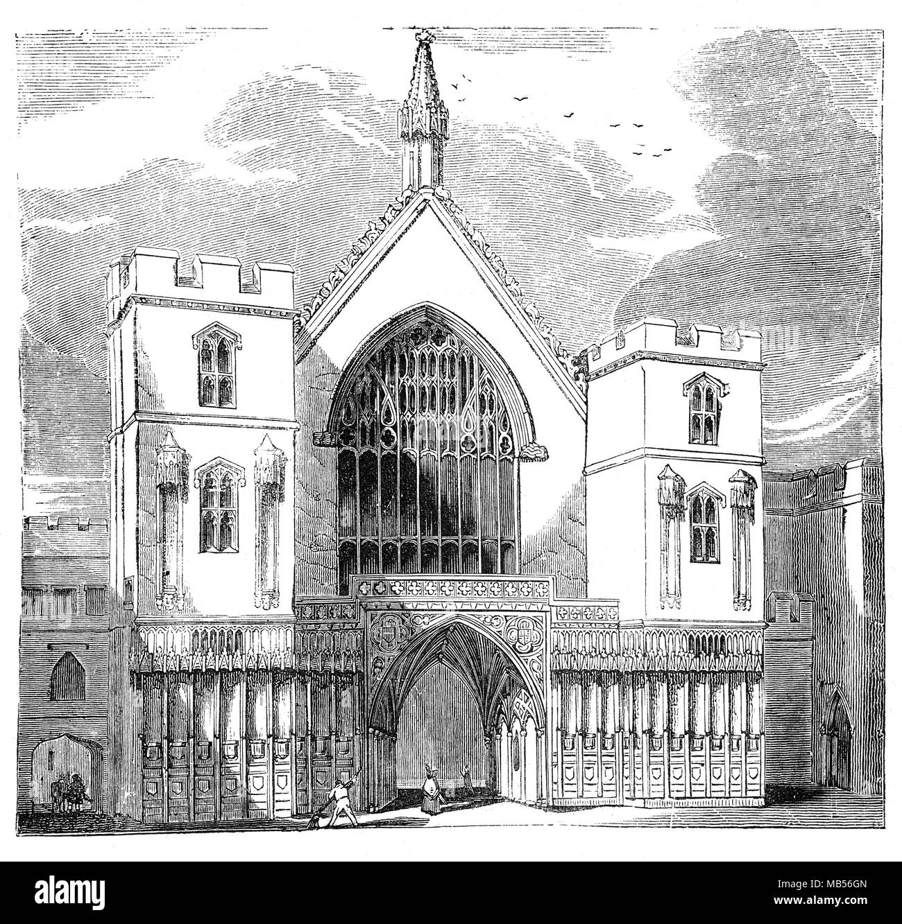 Der ursprüngliche Eingang in Westminster Hall in London befindet und 1097 erbaut und im Jahre 1099 abgeschlossen, in der Größenordnung von William Rufus, Sohn von Wilhelm dem Eroberer. Seine heutige Form, jedoch entstand um 1399, im Rahmen der Renovierung von Richard II. Bleibt wenig von William Rufus' Hall, die im romanischen Stil gebaut wurde, obwohl die Wände und Fenster bleiben. Stockfoto