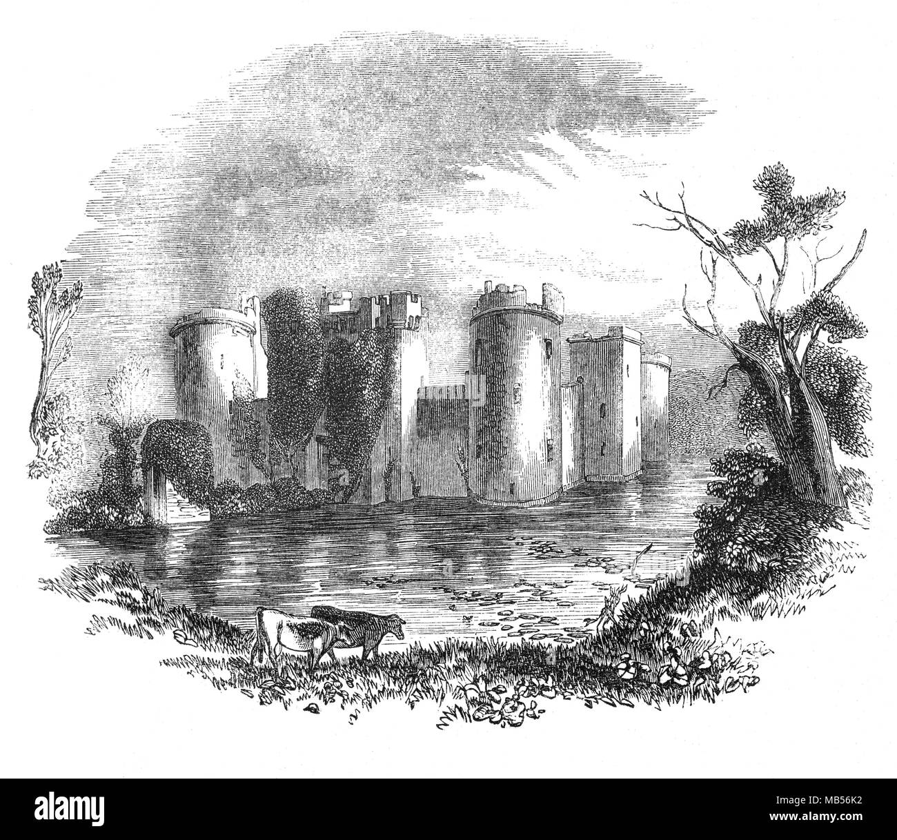Bodiam Castle ist ein aus dem 14. Jahrhundert in der Nähe von Wasserburg Robertsbridge in East Sussex, England. Es wurde im Jahre 1385 von Sir Edward Dalyngrigge, ein ehemaliger Ritter von Edward III. gebaut, mit der Erlaubnis von Richard II., angeblich das Gebiet gegen die französische Invasion während des Hundertjährigen Krieges zu verteidigen. Stockfoto