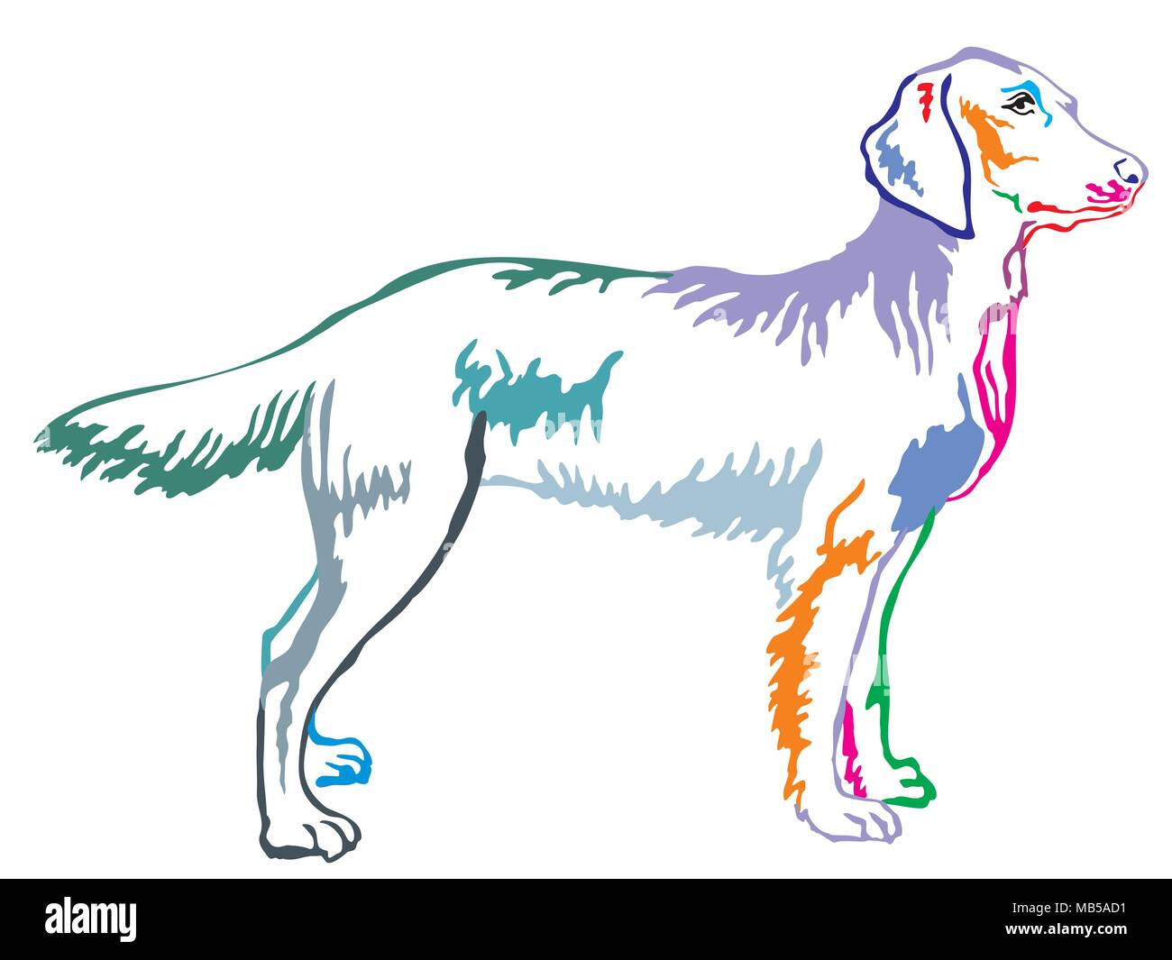 Bunte Kontur dekorative Portrait von ständigen im Profil langhaar Weimaraner, Vektor isoliert Abbildung auf weißem Hintergrund Stock Vektor