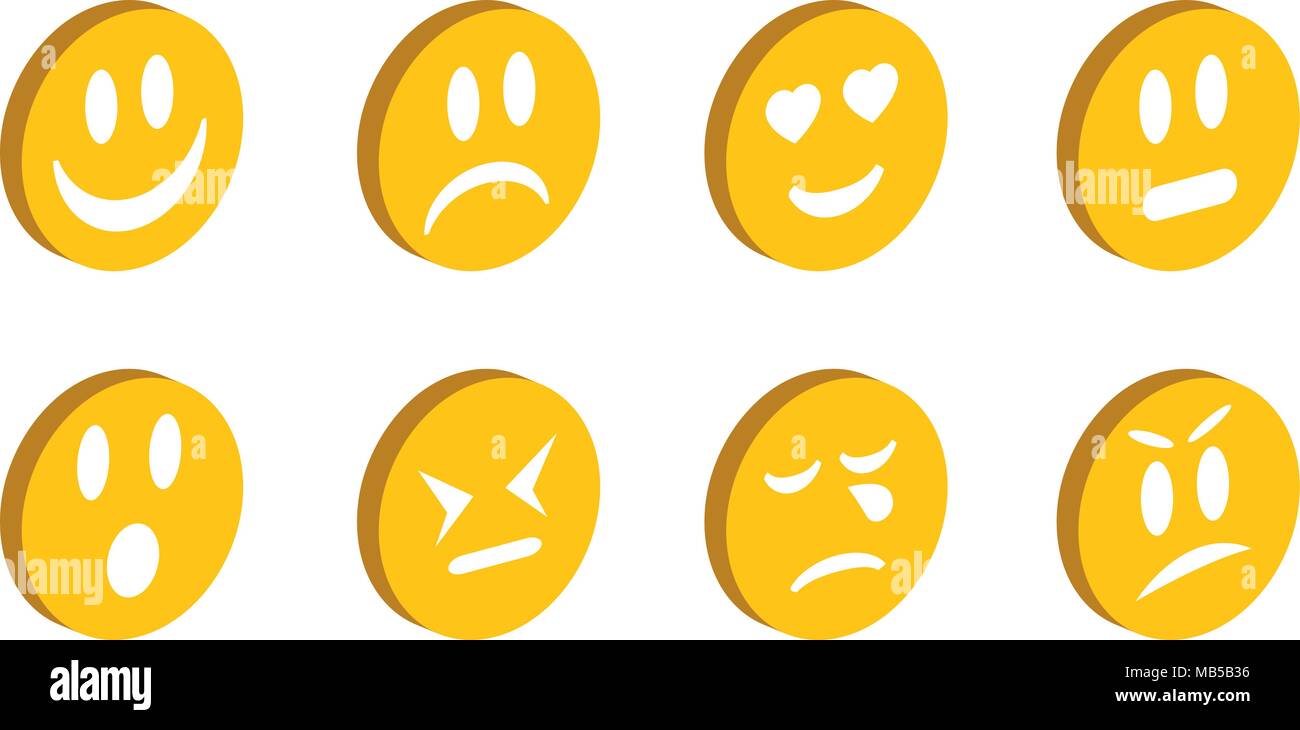 Sammlung isometrische Cartoon Stil lächelt mit unterschiedlichen Emotionen Stock Vektor