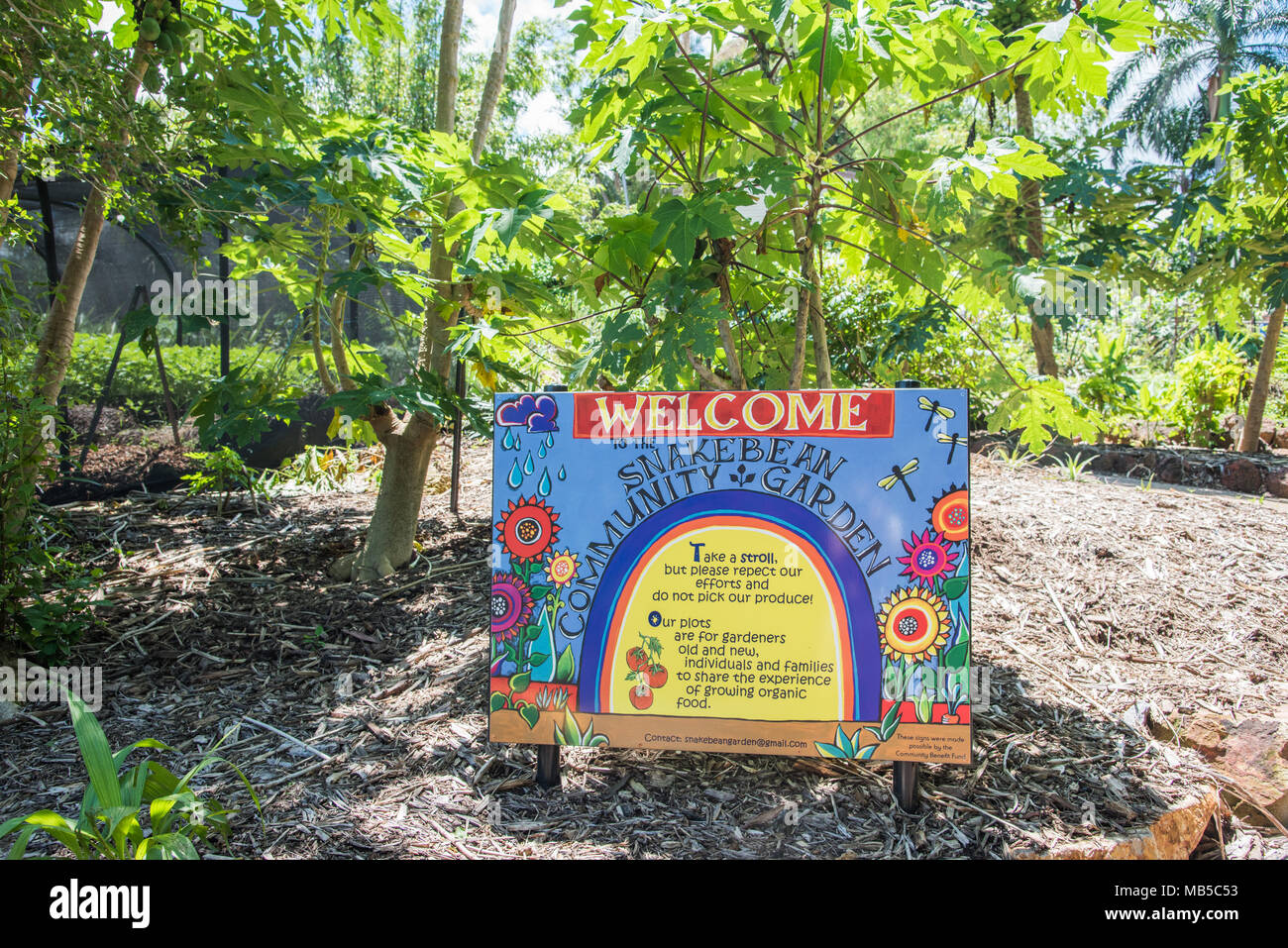 Darwin, Northern Territory, Australia-February 25,2018: Zeichen auf die Schlange Bean Gemeinschaft garten Willkommen im Botanischen Garten in Darwin, Australien Stockfoto