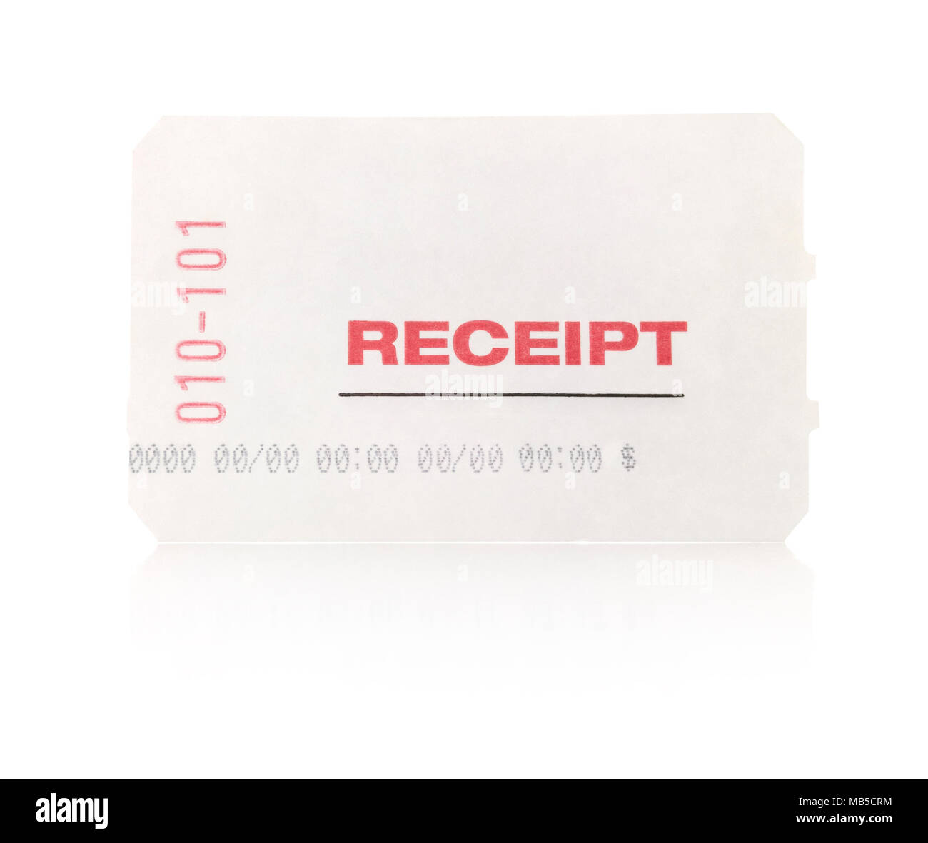 Weiße leere gestempelte Quittung Ticket auf Weiß. Stockfoto
