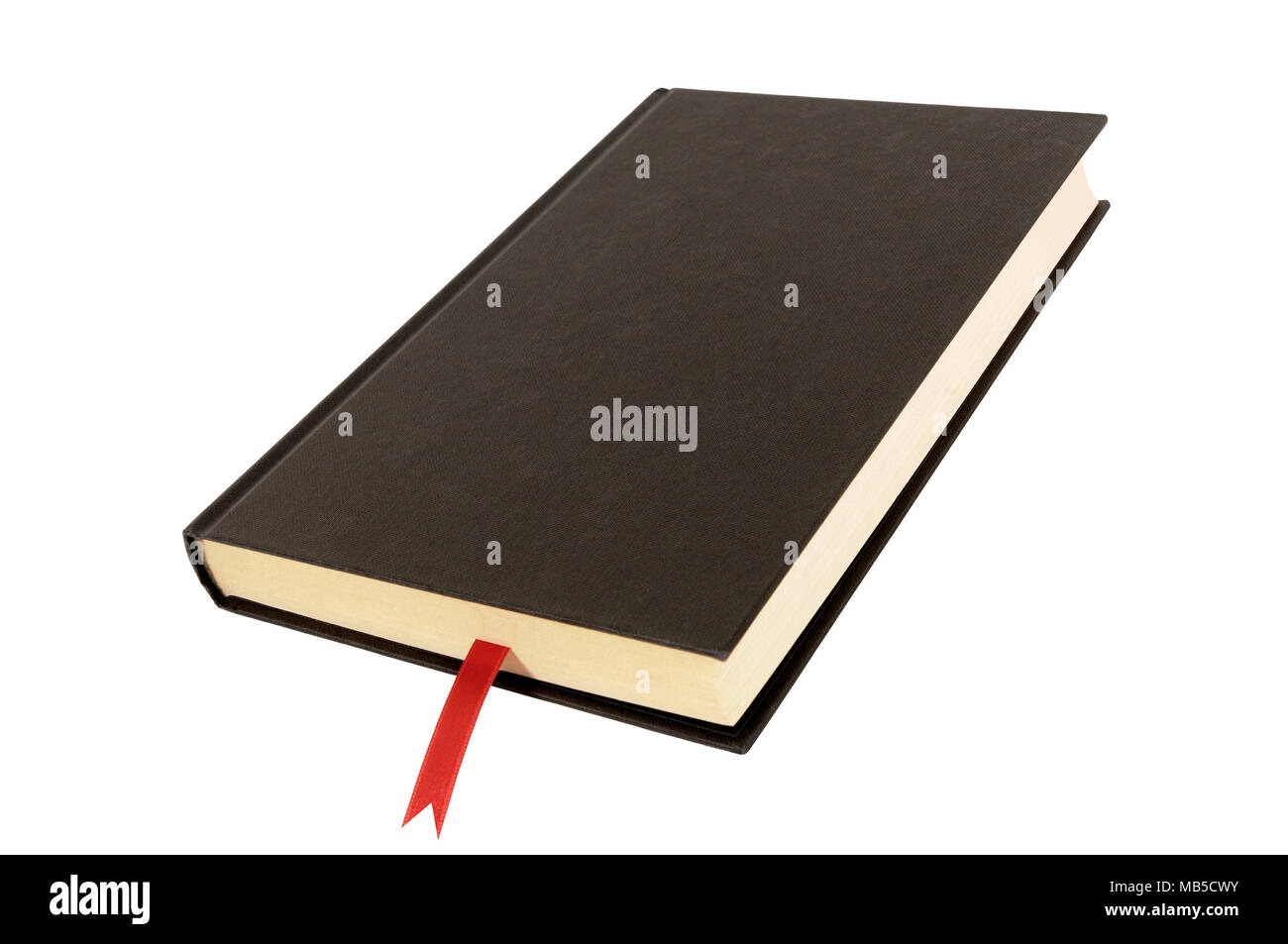 Schwarz uni Hardcover Buch oder Bibel vordere Abdeckung rot Lesezeichen isoliert auf weißem Stockfoto