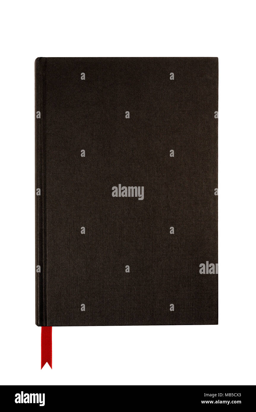 Schwarz uni Hardcover Buch oder Bibel vordere Abdeckung aufrechten roten Lesezeichen vertikale auf Weiß isoliert Stockfoto