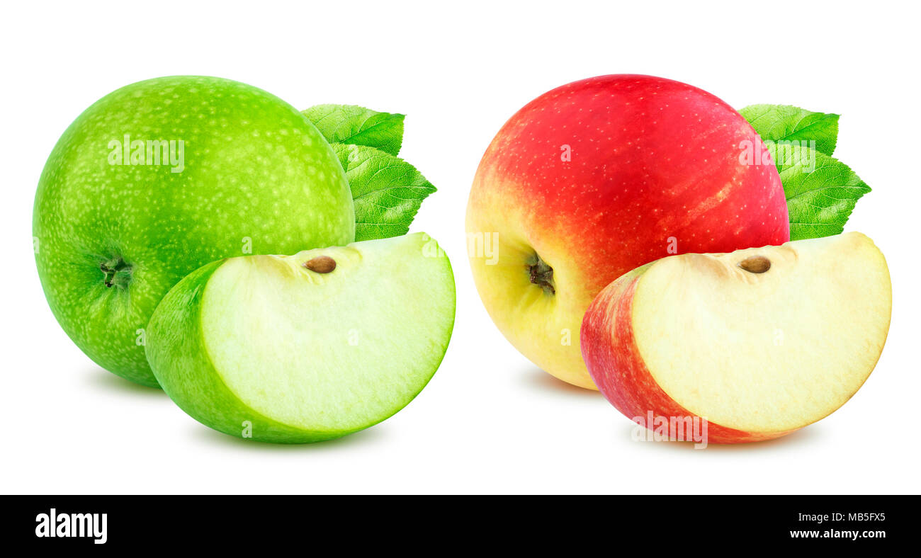 Apple Kollektion. Eine grüne und einzelne rote Äpfel und Quartal Stück auf weißem Hintergrund Stockfoto