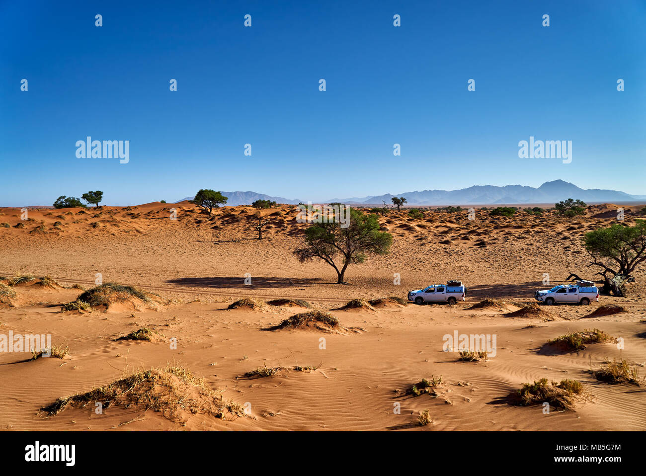 Zwei 4x4 Autos der Touristen selfdriving Fahrt durch die Dünen von einsame Wüstenlandschaft des NamibRand Nature Reserve, Namibia, Afrika Stockfoto