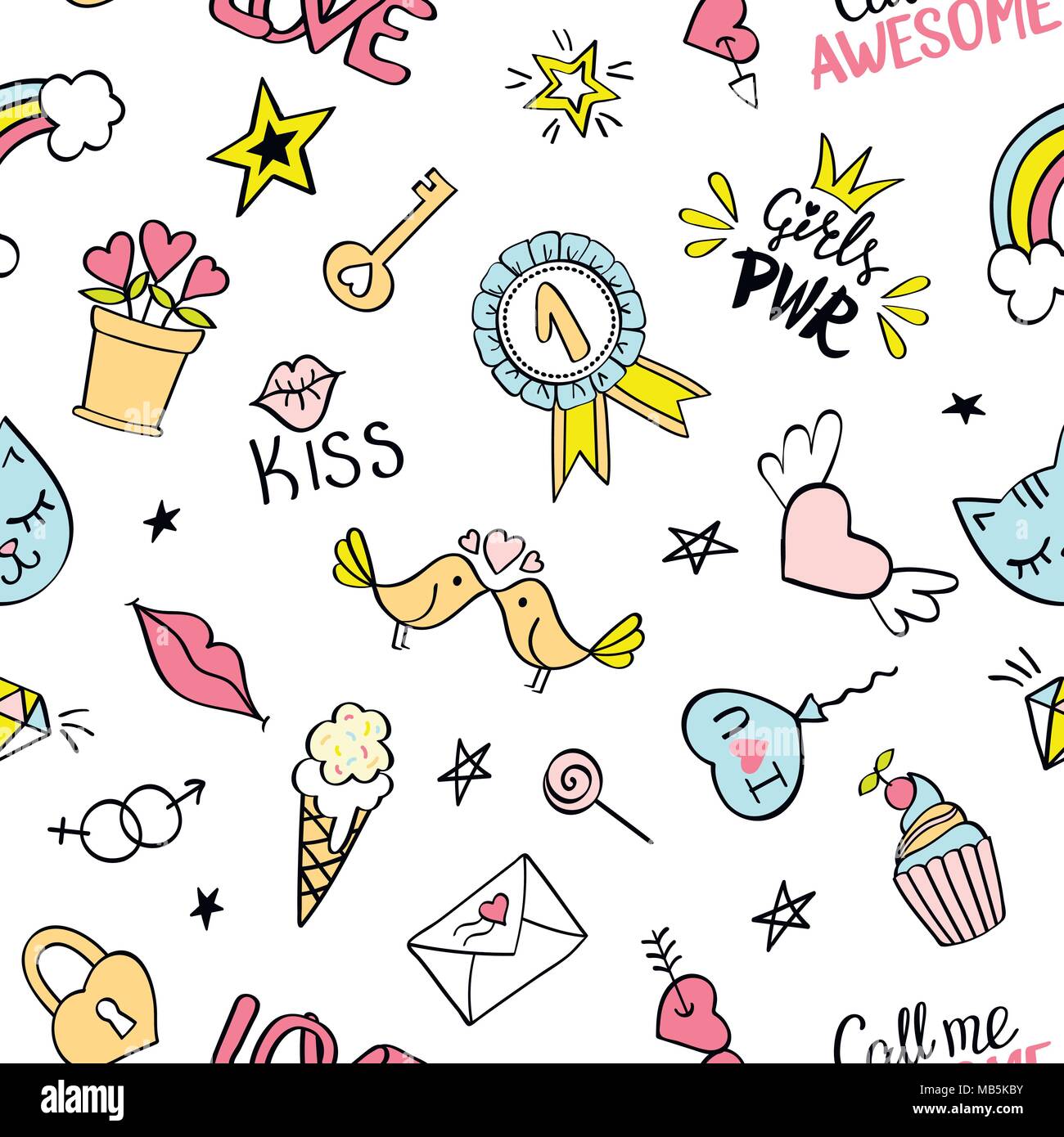 Nahtlose Muster mit Hand gezeichnet girly doodles. Wiederholen Hintergrund mit kindischen Skizze Gestaltungselemente für Textilien, Tapeten, scrapbooking. Stock Vektor