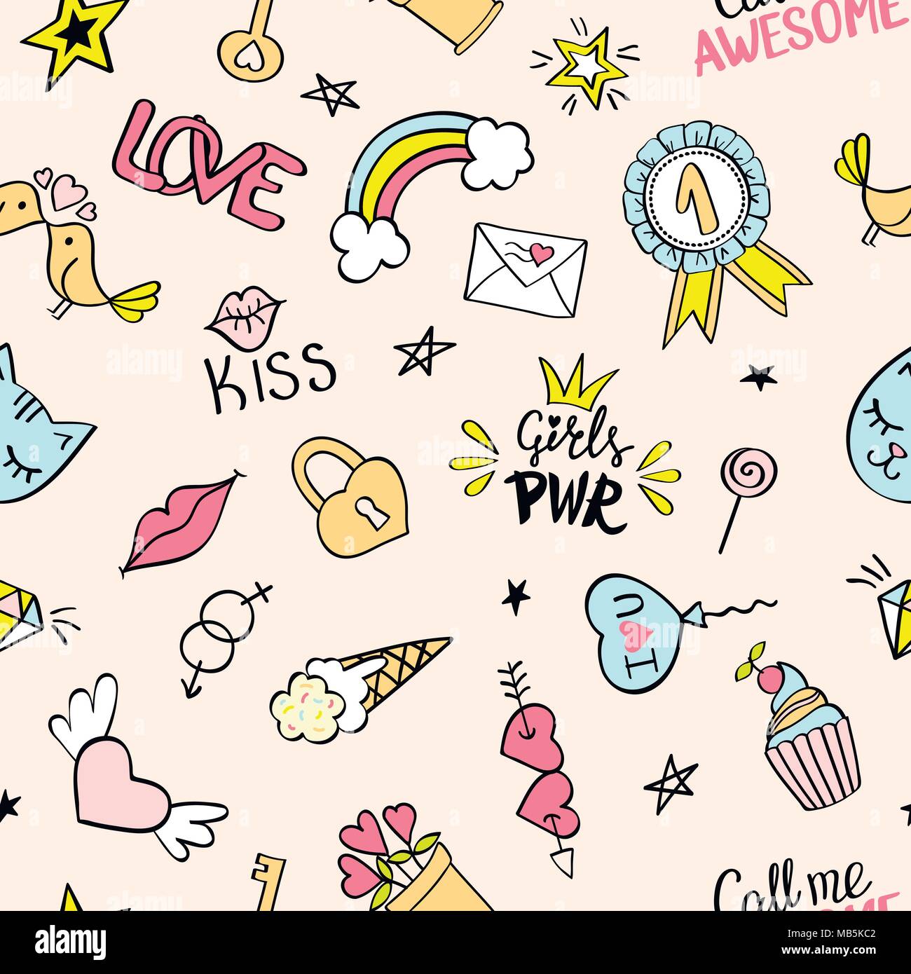 Nahtlose Muster mit Hand gezeichnet girly doodles. Wiederholen Hintergrund mit kindischen Skizze Gestaltungselemente für Textilien, Tapeten, scrapbooking. Stock Vektor
