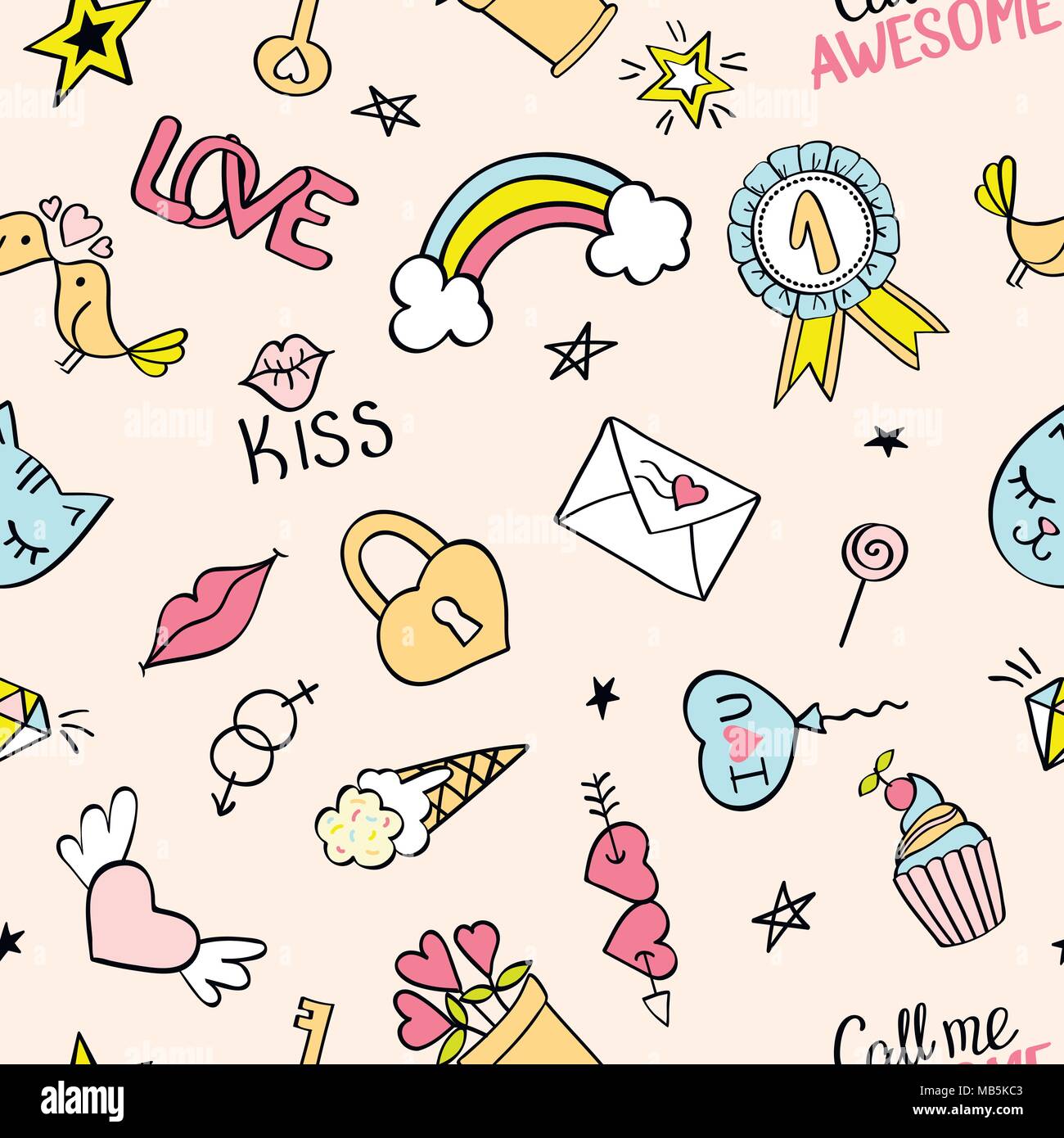 Nahtlose Muster mit Hand gezeichnet girly doodles. Wiederholen Hintergrund mit kindischen Skizze Gestaltungselemente für Textilien, Tapeten, scrapbooking. Stock Vektor