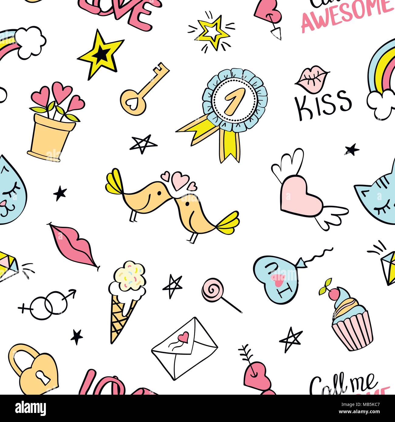 Nahtlose Muster mit Hand gezeichnet girly doodles. Wiederholen Hintergrund mit kindischen Skizze Gestaltungselemente für Textilien, Tapeten, scrapbooking. Stock Vektor