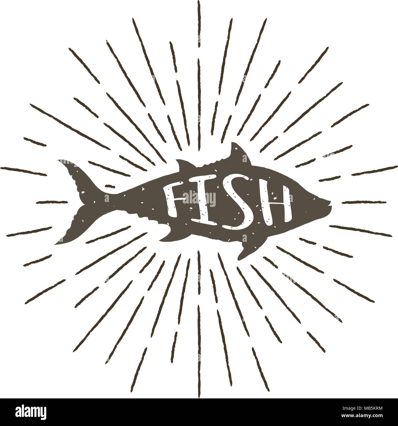 Monochrome Hand gezeichnet vintage Label, retro Abzeichen mit strukturierter Silhouette der Fische. Stock Vektor