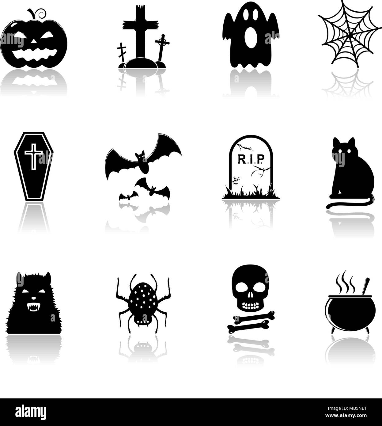 Halloween schwarze Symbole mit Reflexion gesetzt Stock Vektor