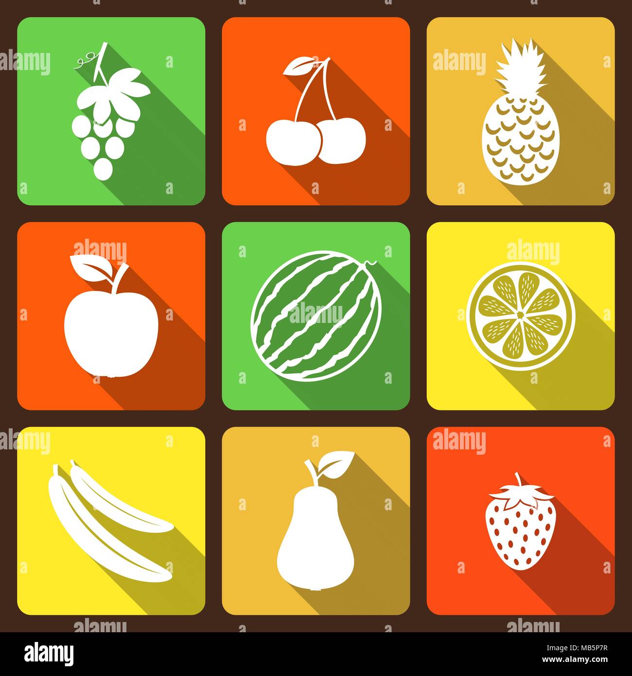 Früchte und Beeren Flachbild-Symbole mit langen Schatten Stock Vektor