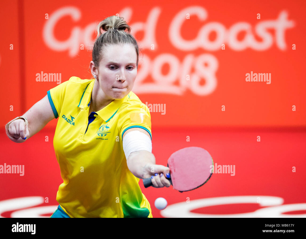 Australiens Melissa Tapper konkurriert, während die Frauen Halbfinale bei Oxenford Studios während der Tag vier der 2018 Commonwealth Games in der Gold Coast, Australien. Stockfoto