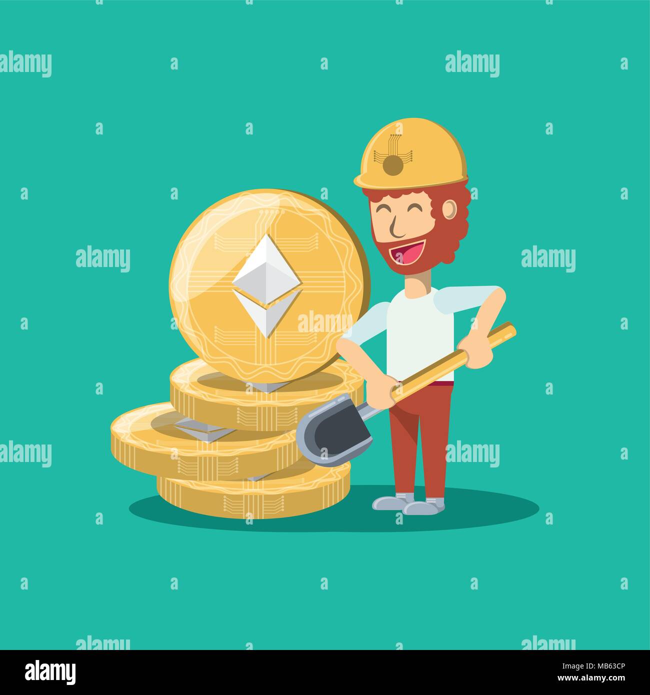 Cartoon mann Bergbau cryptocoins über Türkis Hintergrund, farbenfrohen Design. Vector Illustration Stock Vektor