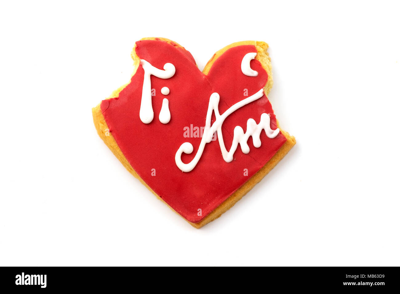 Gebissen "Ti amo" (ich liebe Dich) Cookie auf weißem Hintergrund Stockfoto