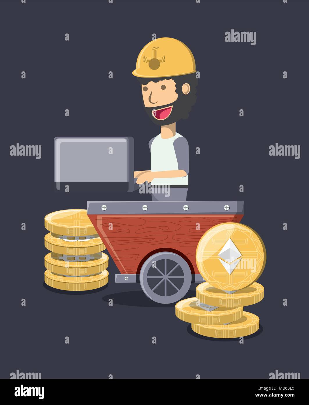 Bergbau cryptocoins Design mit cartoon Mann mit Laptop und euthereum Münzen über schwarzer Hintergrund, farbenfrohen Design. Vector Illustration Stock Vektor