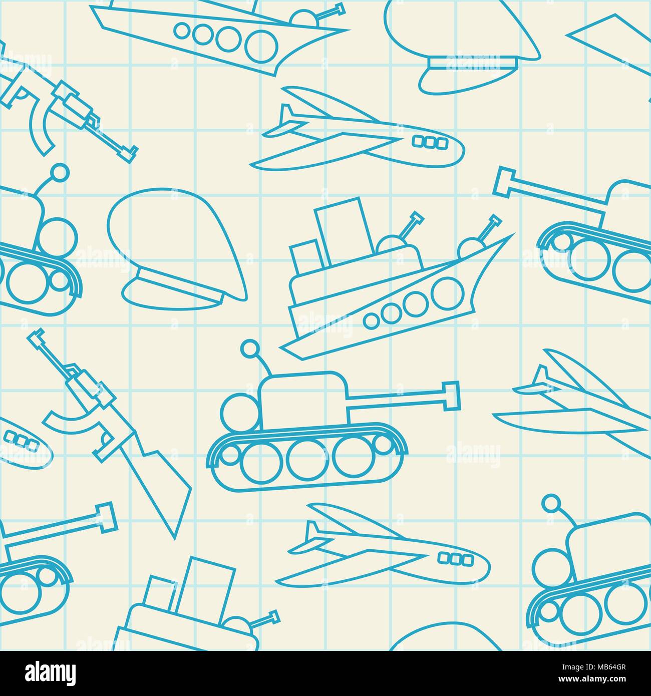 Militärische Handzeichnung im Notebook Papier nahtlose Muster. Armee Hintergrund Stock Vektor