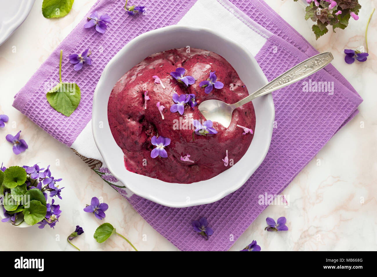 Hausgemachten blueberry Eis mit frischen roten tot - Brennnessel und violetten Blüten, Ansicht von oben Stockfoto