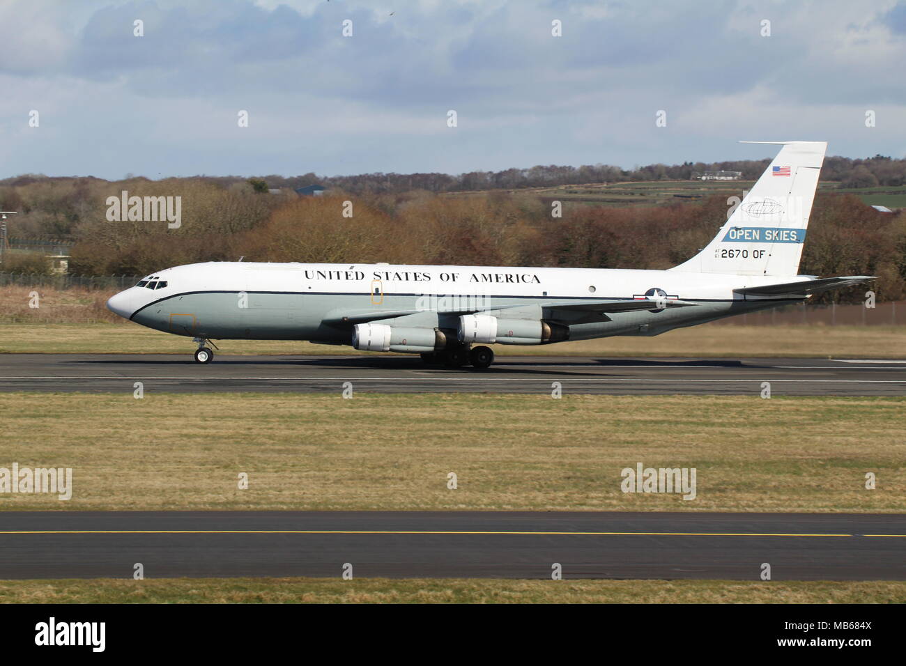 61-2670, eine Boeing OC-135B Open Skies, die von der United States Air Force im Rahmen des Open Skies Agreement auf dem Prestwick Airport in Ayrshire betrieben wird. Stockfoto