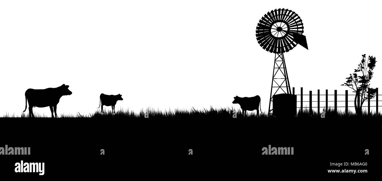Kühe auf dem Weg zur windmühle für einen Drink. Panorama Ansicht Stock Vektor