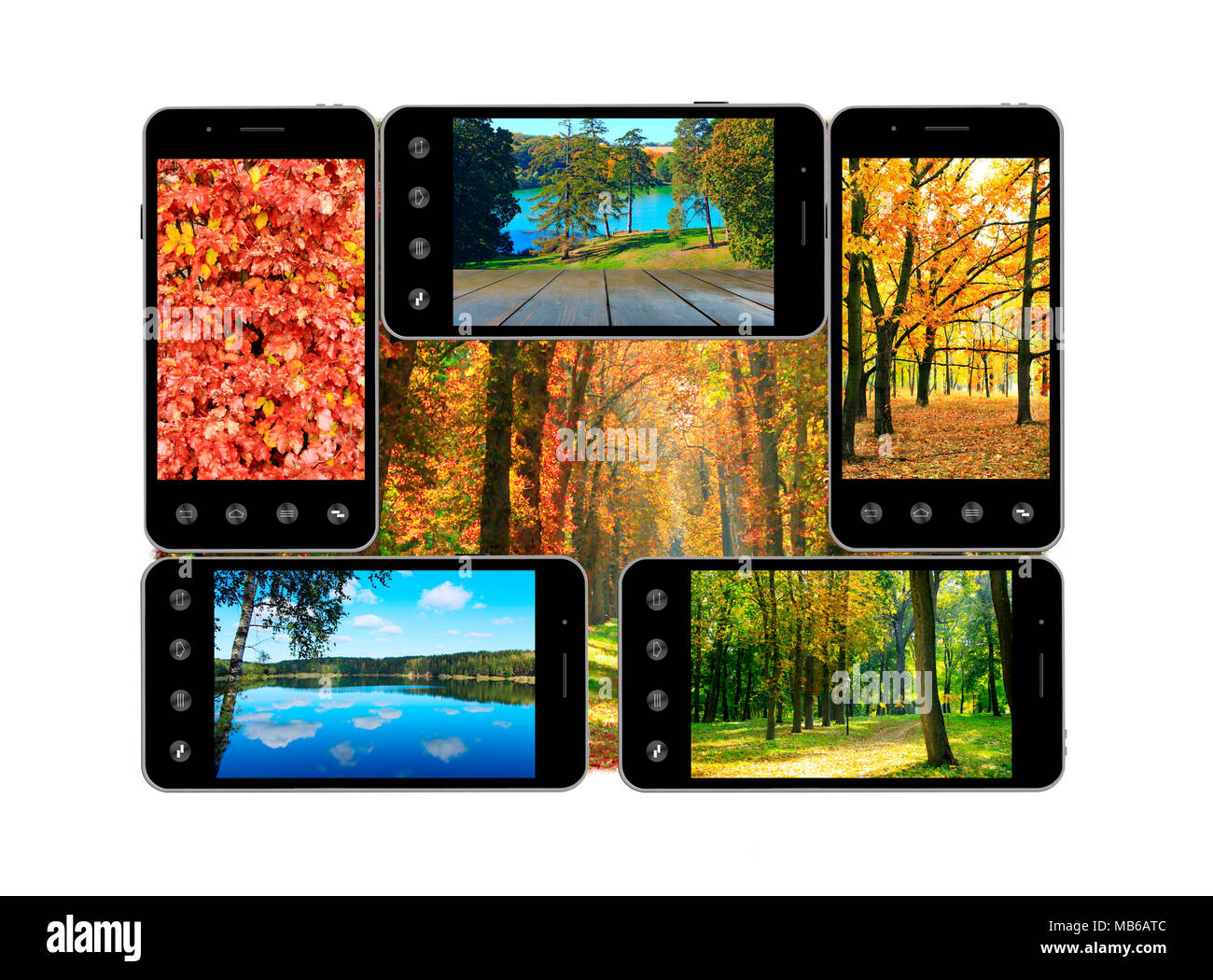 Handys mit Bilder der Herbst. Smart. Die moderne Kommunikation. Harmonie von Technik und Natur Stockfoto