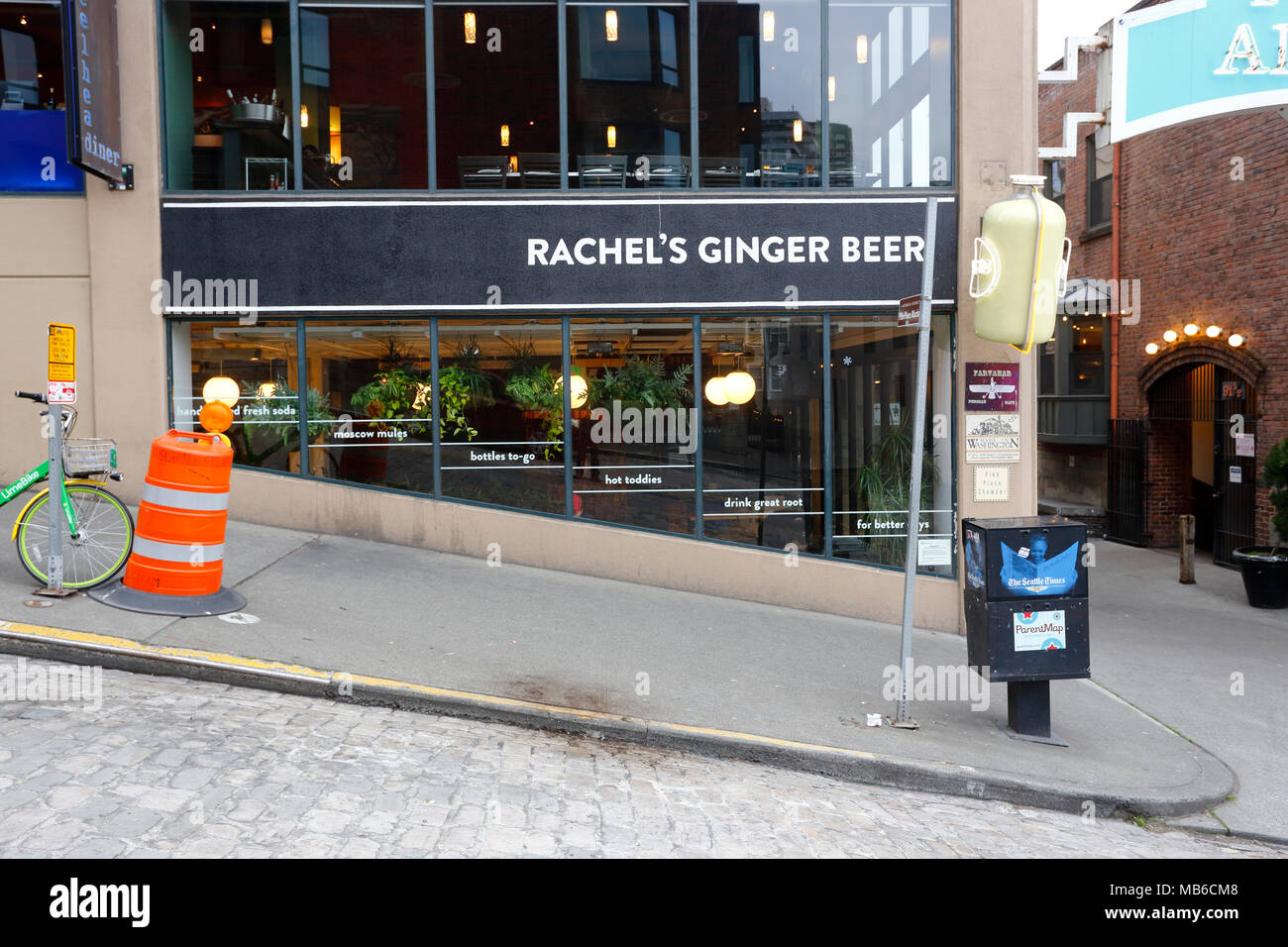 Rachel's Ginger Beer, 1530 Post Alley, Seattle Foto von einem Ingwer-Bierladen in der Nähe von Hikes Place. staat washington Stockfoto