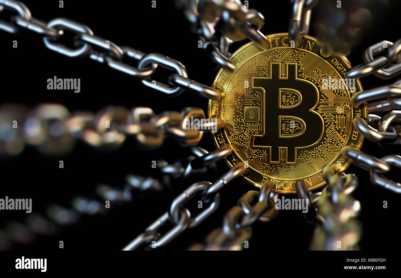 Bitcoin mit Ketten - cryptocurrencies in Schwierigkeiten Konzept gefangen. Verbote, Beschränkungen, Steuern, illegal. 3D-Rendering Stockfoto