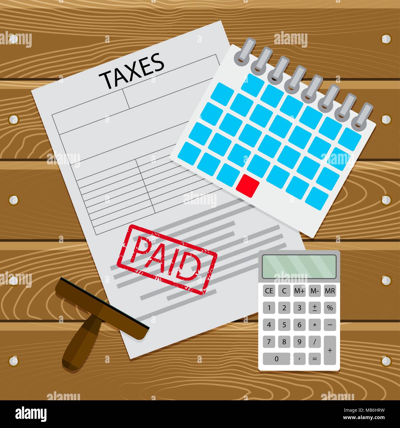 Steuern auf Zeit gezahlt. Besteuerung Tag und Zahltag, Zahlung auf Tabelle, Berechnung Steuer. Vector Illustration Stock Vektor