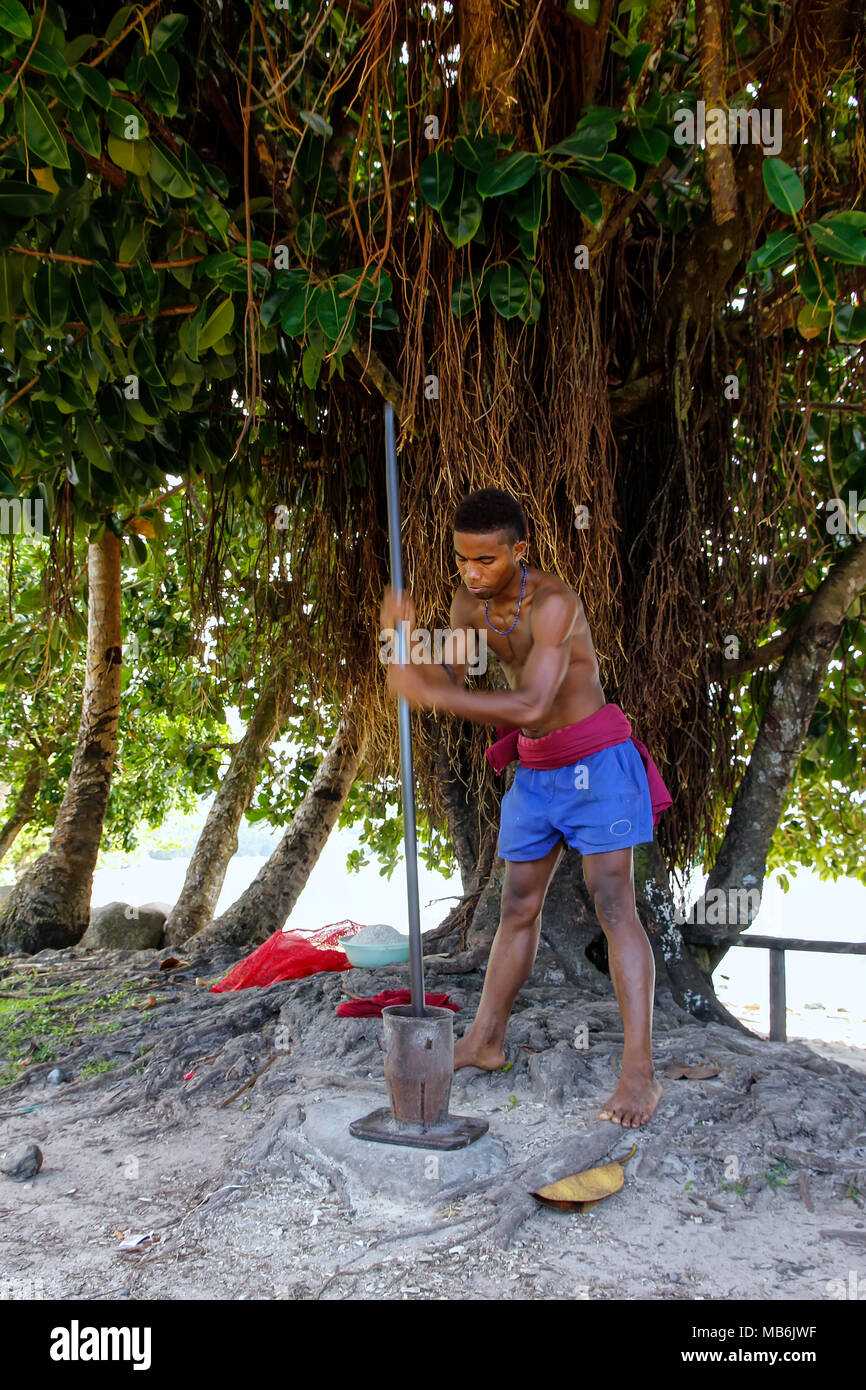 Junger Mann stampfenden Kava-Wurzeln in Lavena Dorf, Insel Taveuni, Fidschi. Die Wurzeln werden verwendet, um einen Drink mit Beruhigungsmittel, Narkosemittel, euphorisierende, produzieren ein Stockfoto