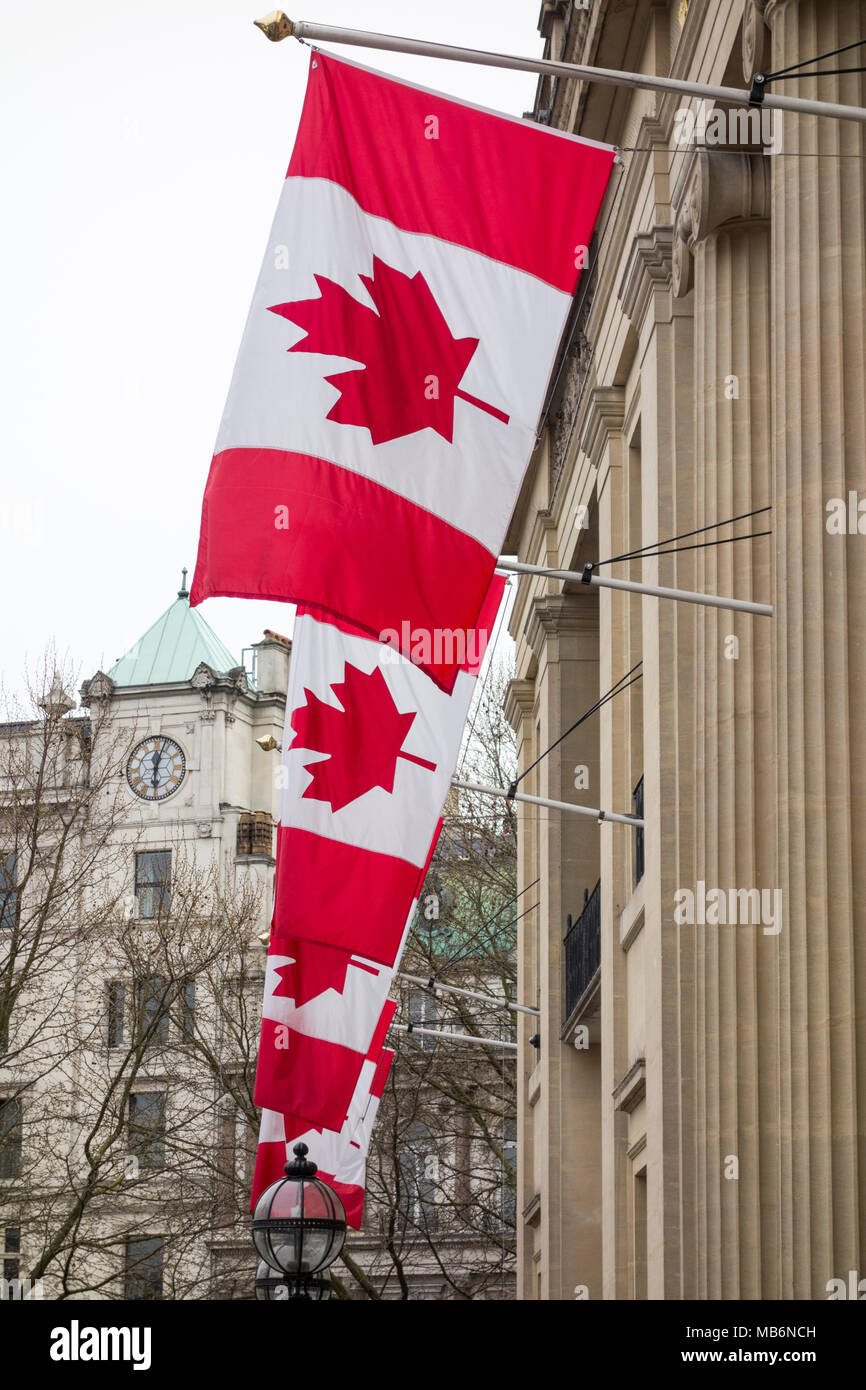 Maple Leaf Flags (l'Unifolié) außerhalb von Kanada Haus fliegen, die hohe Kommission von Kanada, auf dem Trafalgar Square, London, UK Stockfoto